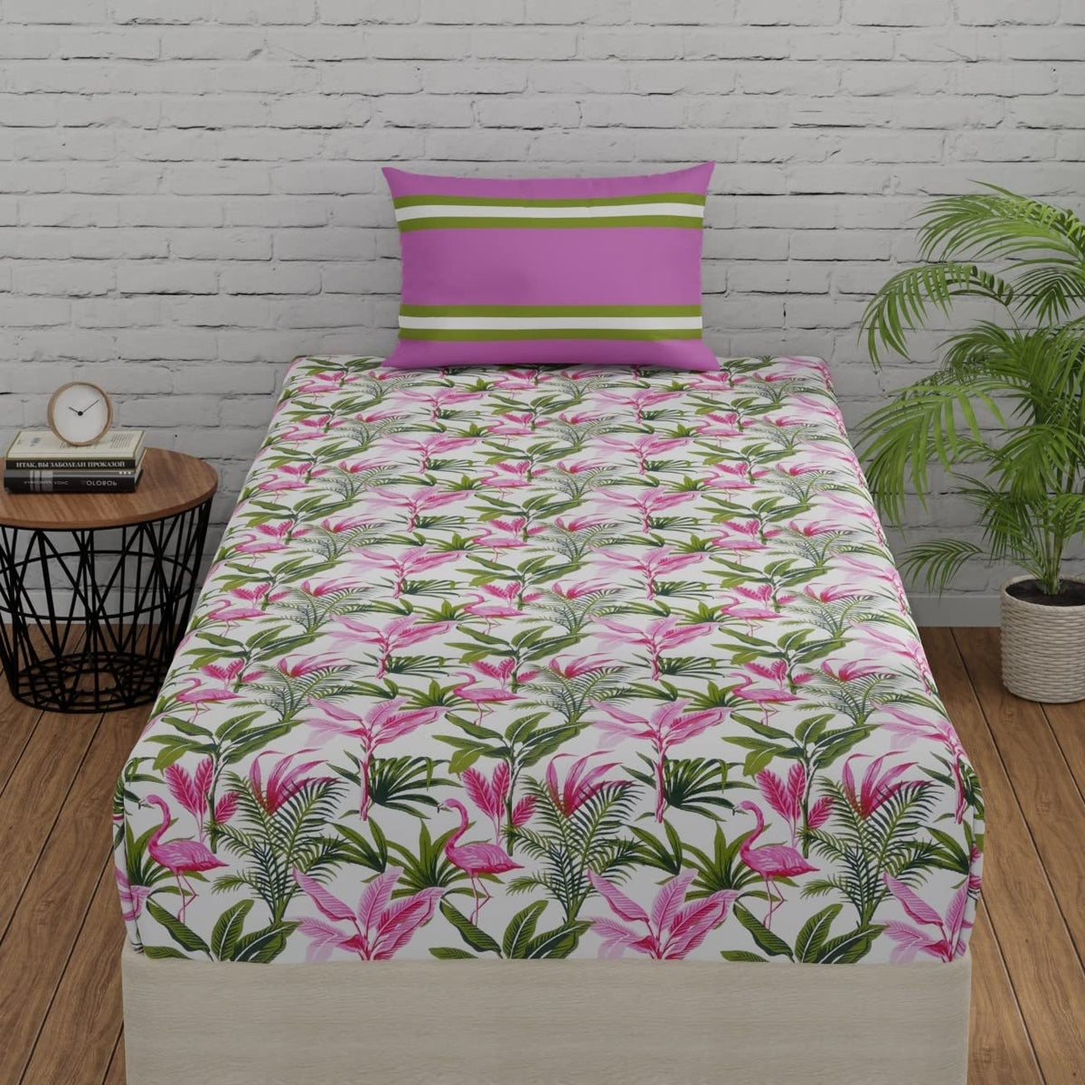 Single Bedsheet Elastic Fitted Cotton With 1 Pillow Cover | 36 X 78 Inches, Pink & Green | Ideal For Home, Guest House, Hotel | Soft & Breathable Fabric