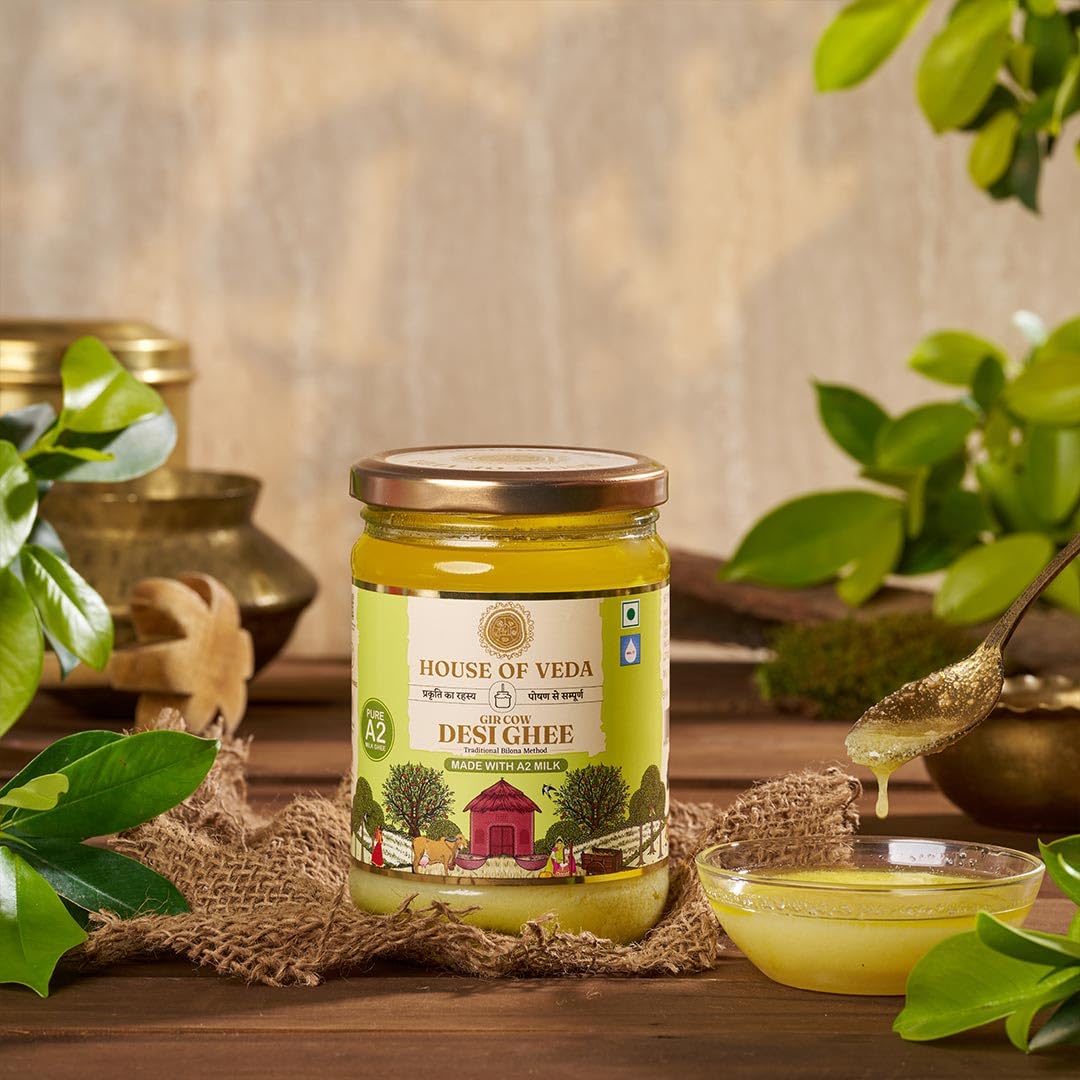 Premium Gir Cow Desi Ghee Made With A2 Milk Using Ayurvedic Bilona Prakriya By House Of Veda | Healthy Desi Ghee For Easy To Digest Strengthens Body | (500ml) 16.9 Ounce | Jar Pack