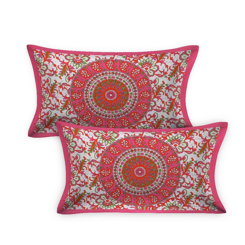 Rajasthani Jaipuri Bedsheets For Double Bed King Size With 2 Pillow Cover - 84 X 93 Inches, Pink & White | Skin Friendly Fabric With Vibrant Colors