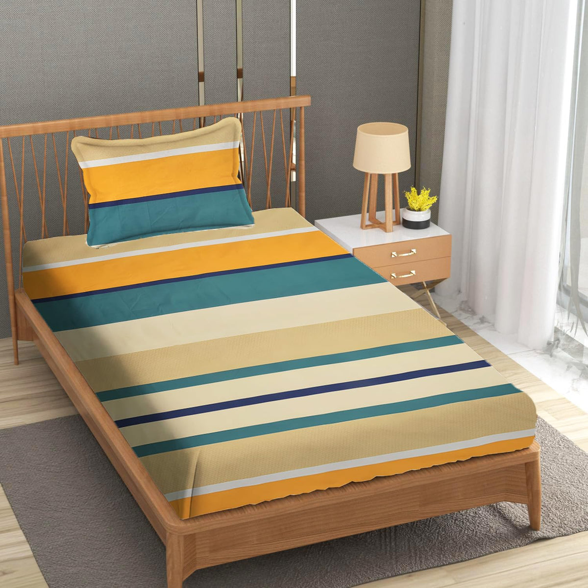 Single Bedsheet With 1 Pillow Covers - 60 X 90 Inches, Beige & Green | Soft Wrinkle Free Breathable Easy Care | 210 Thread Count