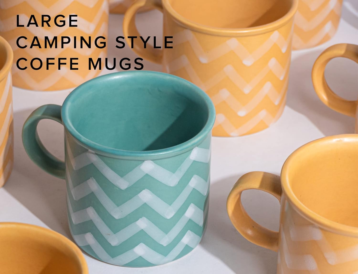 Large Ceramic Coffee Mug Set Of 2 - Yellow & Sea Green, 350ml Each | Ceramic Mountain Mug, Tea Mug With Matte Finish - Mug For Coffee | Ceramic Coffee Mug - Microwave Safe & Dishwasher Safe