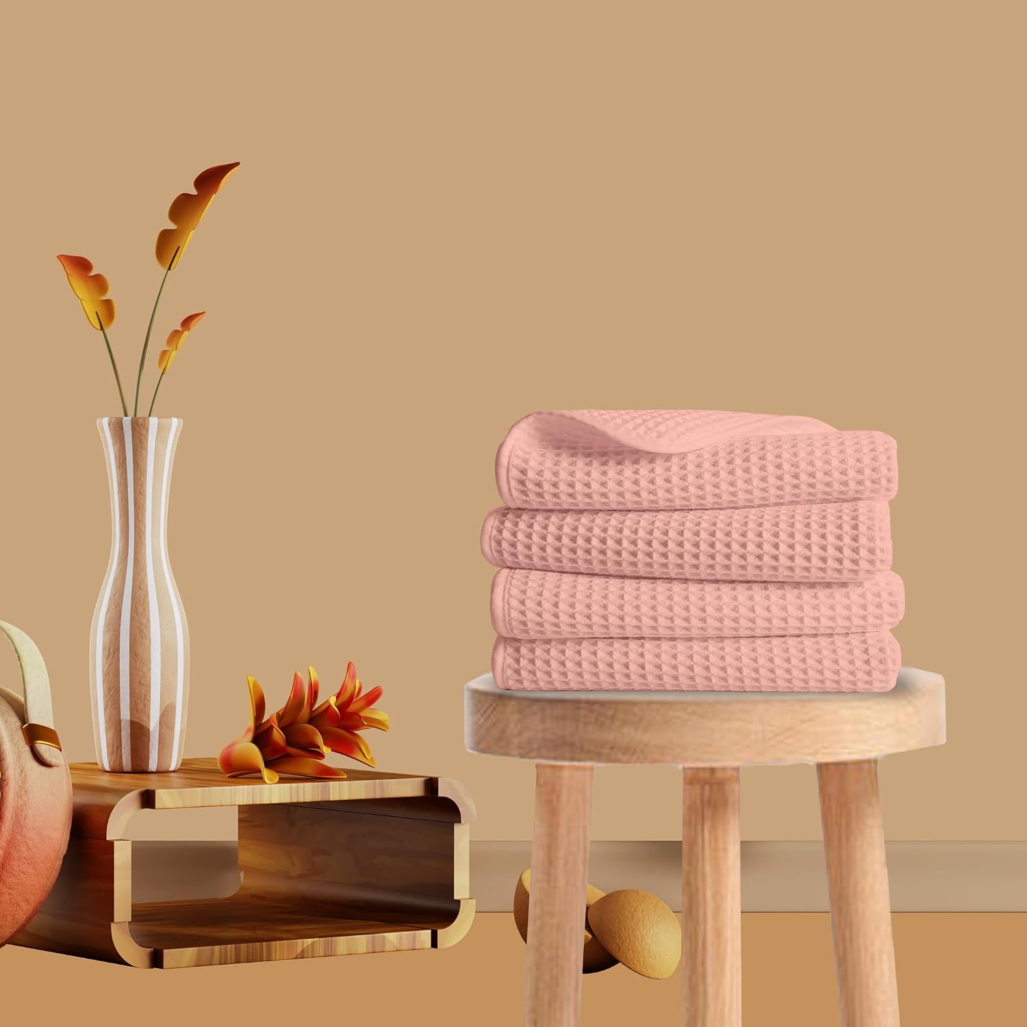 Enchant Home Pure Cotton Waffle Towel 500 Gsm | Lightweight Anti-Microbial & Water Absorbent Soft Touch Quick Drying Hand Towels | Peach (Pack Of 4)