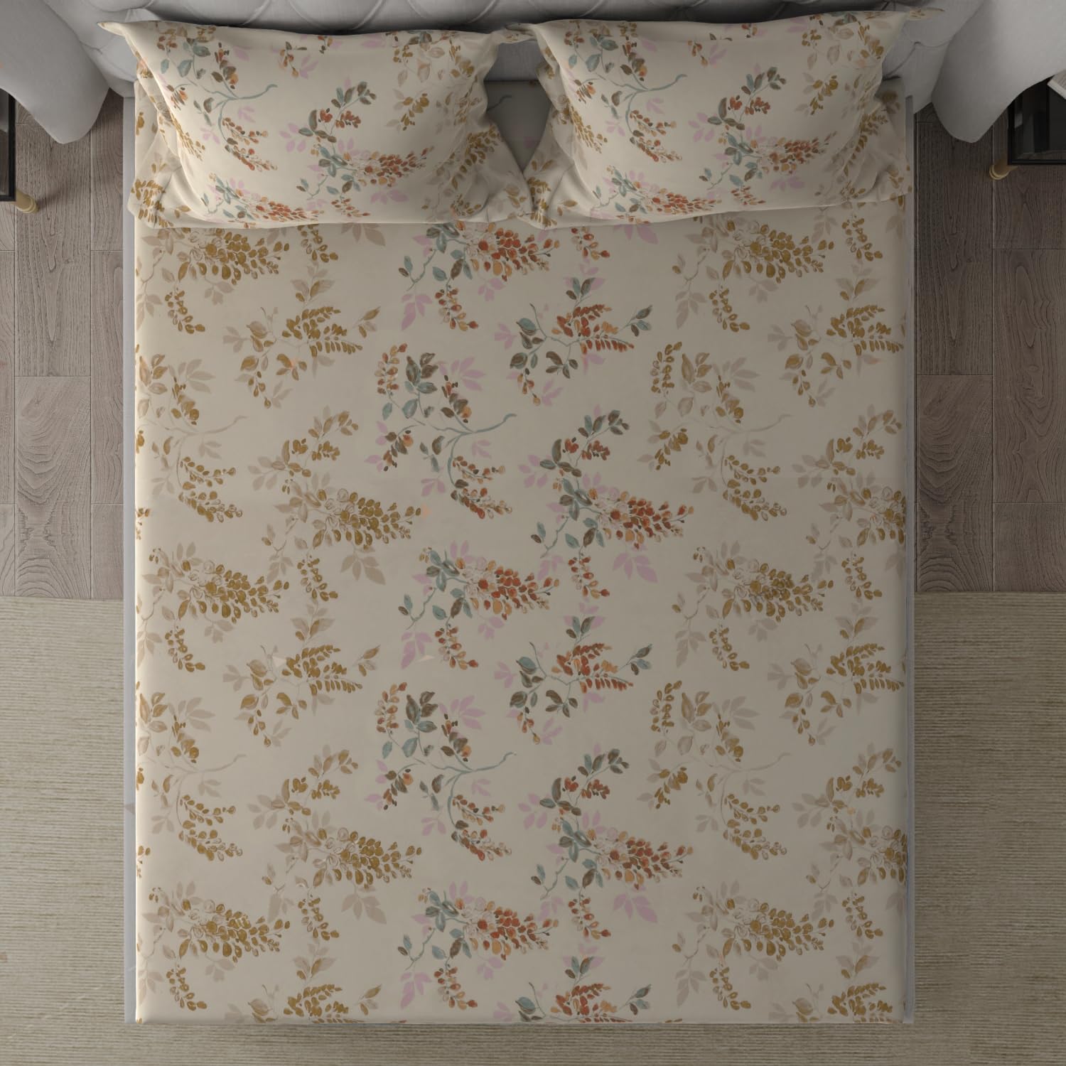 Cotton Elastic Fitted Double Bedsheet For King Size With 2 Pillow Covers - 78 X 72 + 8 Inches, Beige | Soft Wrinkle Free & Breathable Elastic Bedsheets For King Size Bed
