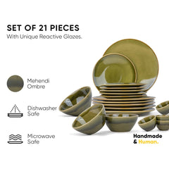 Ceramic Dinner Set Of 21 Pcs, Mehndi Ombre | Crockery Set - Dining Sets Crockery Items | 6 Dinner Plates+ 6 Quarter Plates+ 6 Veg Bowls, 220ml Each+ 2 Medium Bowls, 850ml Each+ 1 Large Bowl, 1400ml