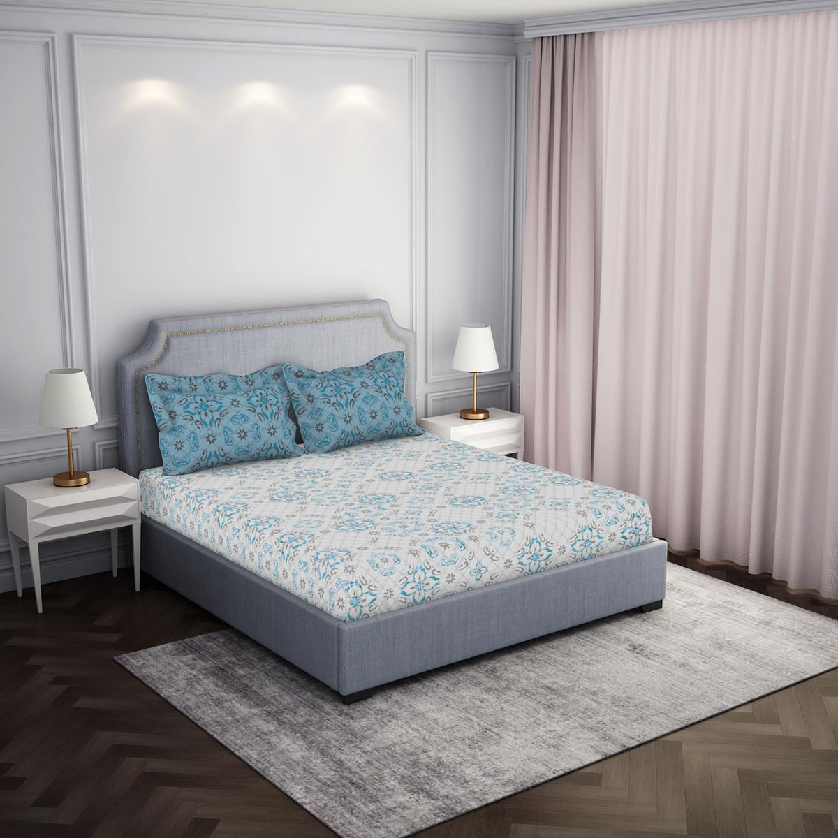100% Cotton Bedsheet For Double Bed With 2 Pillow Cover - 88 X 100 Inches, Blue & Beige | Breathable & Super Soft | All Seasons & Easy To Wash