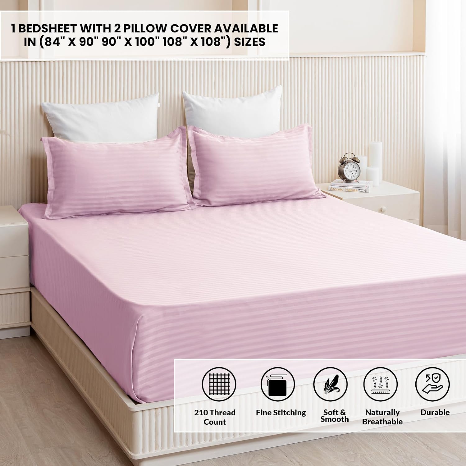 Super King Size Premium Soft Cotton Bedsheet With 2 Pillow Cover - 108 X 108 Inches, Light Pink | Soft & Breathable, Double Bedsheets