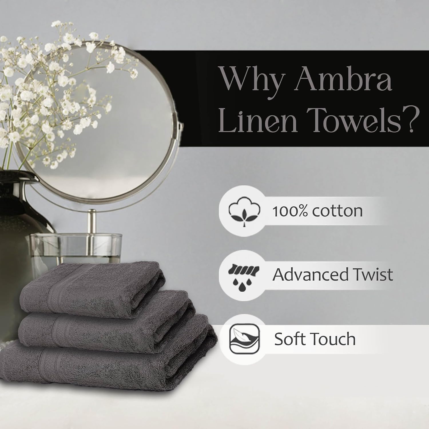 Ambra Linens Highly Absorbent Towel 500 Gsm | 100% Cotton, Soft And Plush, All Seasons Use, Large, Everyday Use, Durable (1hand, 1face, 2bath Towels Set) | Solid Grey