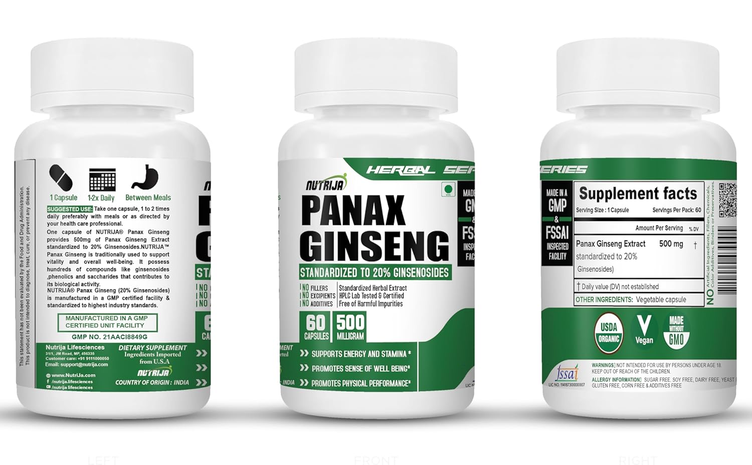 Nutrija Panax Ginseng Extract 500mg, Promotes Physical Performance & Immune System Health | 60 Capsules 100gm 0.2lbs