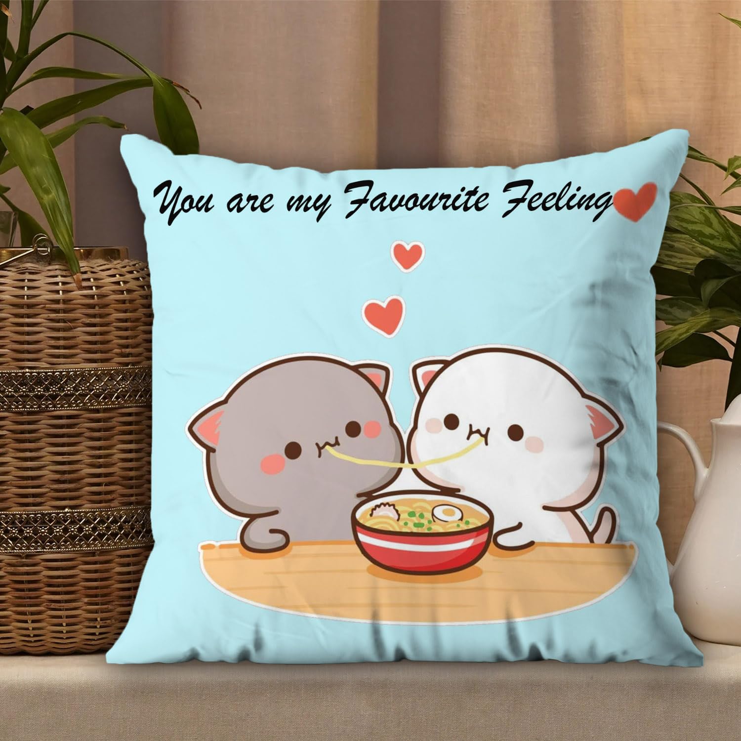 Peach & Goma Mochi Cat Pillow Cushion, Cartoon Pattern, Sky-Blue - 12 X 12 Inch | 3 Items For Wife, Anniversary, Birthday, All Season Home Décor | Soft Peach Goma Pillow - Pack Of 1
