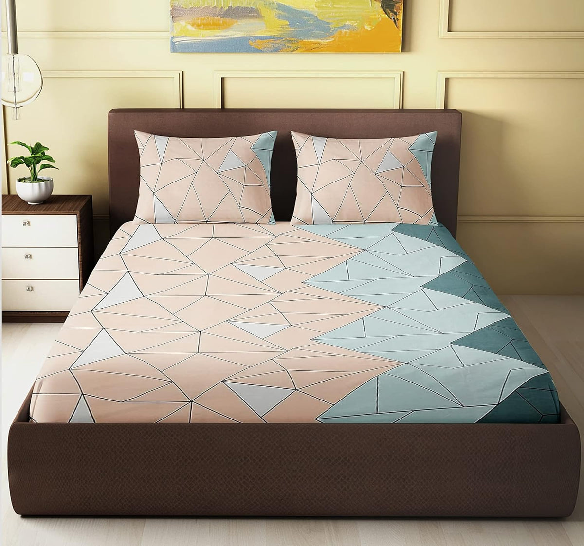 Double Bedsheet Queen Size Elastic Fitted With 2 Pillow Cover - 60 X 78 + 8 Inches, Peach & Green | Resistance & Wrinkle Recovery