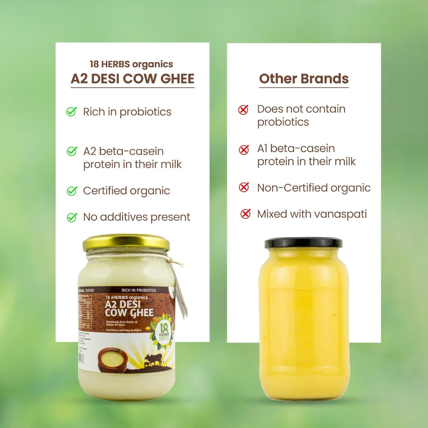 Organic A2 Desi Cow Ghee By 18 Herbs Organics Health With Herbs | Traditional Handmade Bilona Method Healthy Desi Cow Ghee Helps Nourish The Brain | (200ml) 6.7 Ounce | Jar Pack