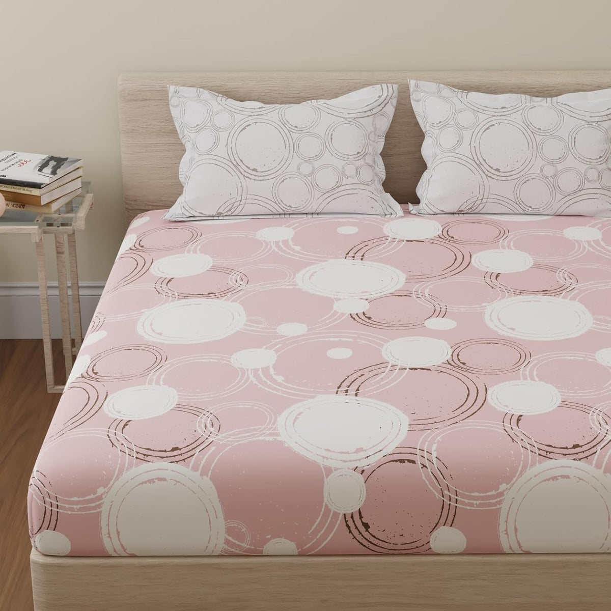 1 King Bedsheet With 2 Pillow Covers - 108 X 108 Inches, Pastel Peach & Off White | Beautiful Print & Luxury Look Bedsheet | Cotton Bedsheet Is Naturally Comfortable