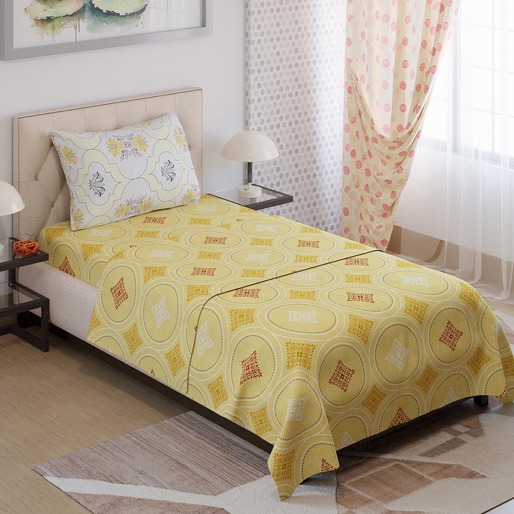 Single Bedsheet With One Pillow Covers Size - 59 X 87 Inches, Yellow | Light Weight & Durable Bedsheet Set - Wrinkle Resistant Beautifully Designed Collection