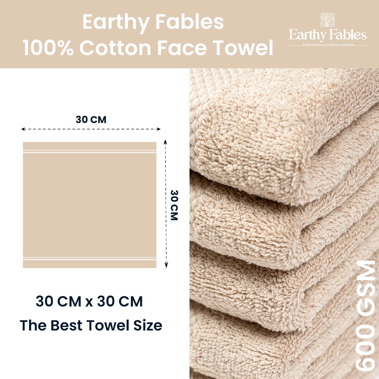 Earthy Fables Premium Face Towels 800 Gsm | Ultra Soft, Quick Dry & Highly Absorbent, For Gym, Travel & Acne-Prone Skin | Set Of 4 (Beige)