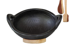 Deep Burned Uncoated Clay Kadai With Handle With 2 Wooden Spatulas Complimentary For Cooking & Serving - Black, 1 Liter | Pre-Seasoned Mud Kadhai - Unglazed, Double Fired, Hand Crafted