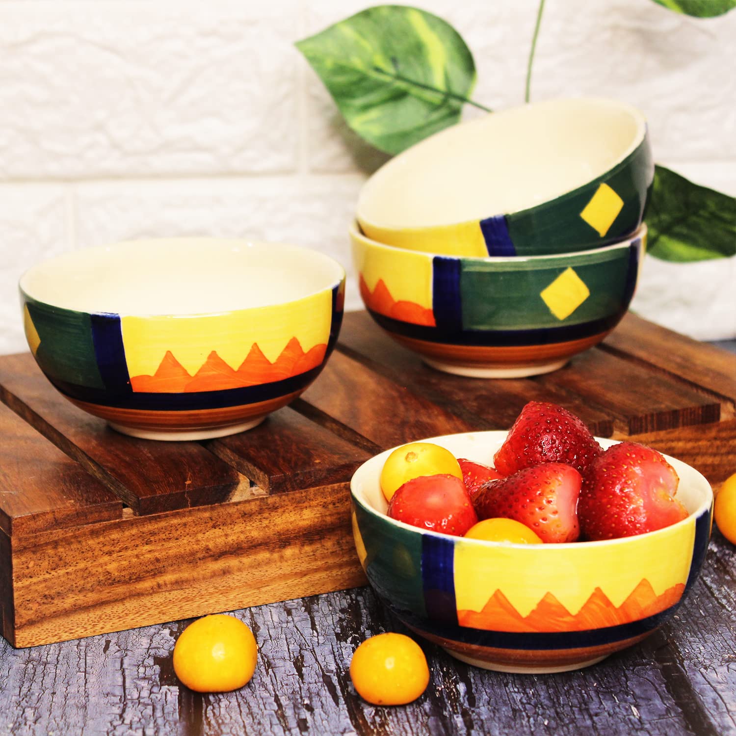 Boho Fiesta Hand Painted Ceramic Dining Bowl Katoris - 6 Pieces, 180ml Each, Multicolor | Ceramic Bowls - Serving Bowls For Dinner, Snacks & Dessert - Microwave Safe