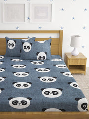 Elastic Fitted Kids Panda Double Bedsheet 2 King Size Pillow Covers, Grey (90x92 Inches) | Lightweight, Soft & Breathable - Perfect For Gifting Bedsheet