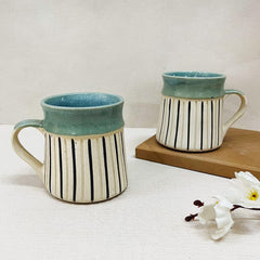 White & Green Engraved Striped Ceramic Coffee Mug Set Of 2 Pieces - 350ml Each | Studio Pottery Ceramic Mugs For Coffee, Tea, Milk - Microwave Safe & Leak Proof