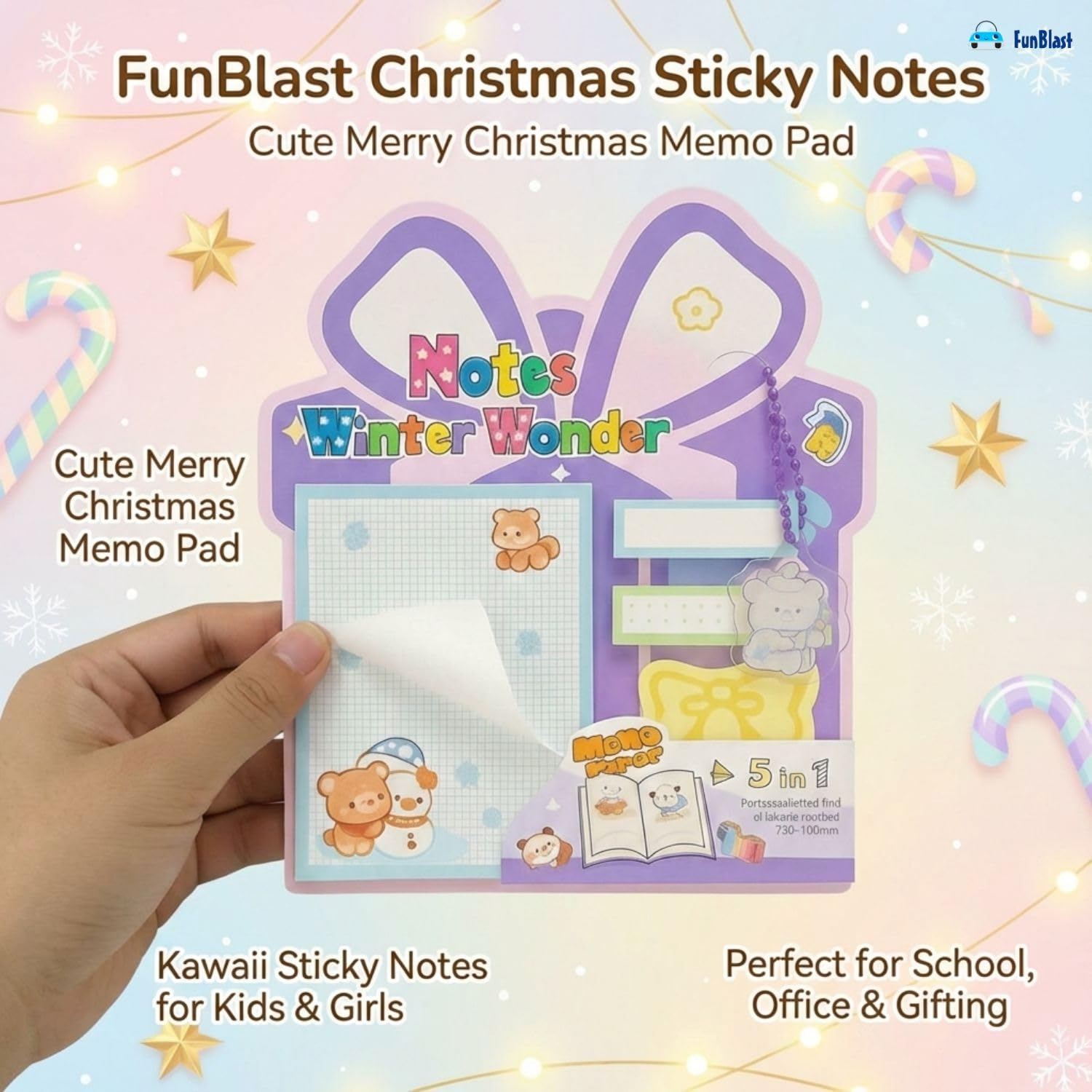 Christmas Sticky Notes - 30 Small Sticky, 30 Medium Sticky | Stationery Gift For Student - Purple