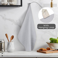 Encasa Xo Kitchen Dish Towels Set 320 Gsm | Waffle Weave & Flat Hand Tea Towel | Quick Drying Reusable Cotton Washcloths | Set Of 4 (Light Grey)