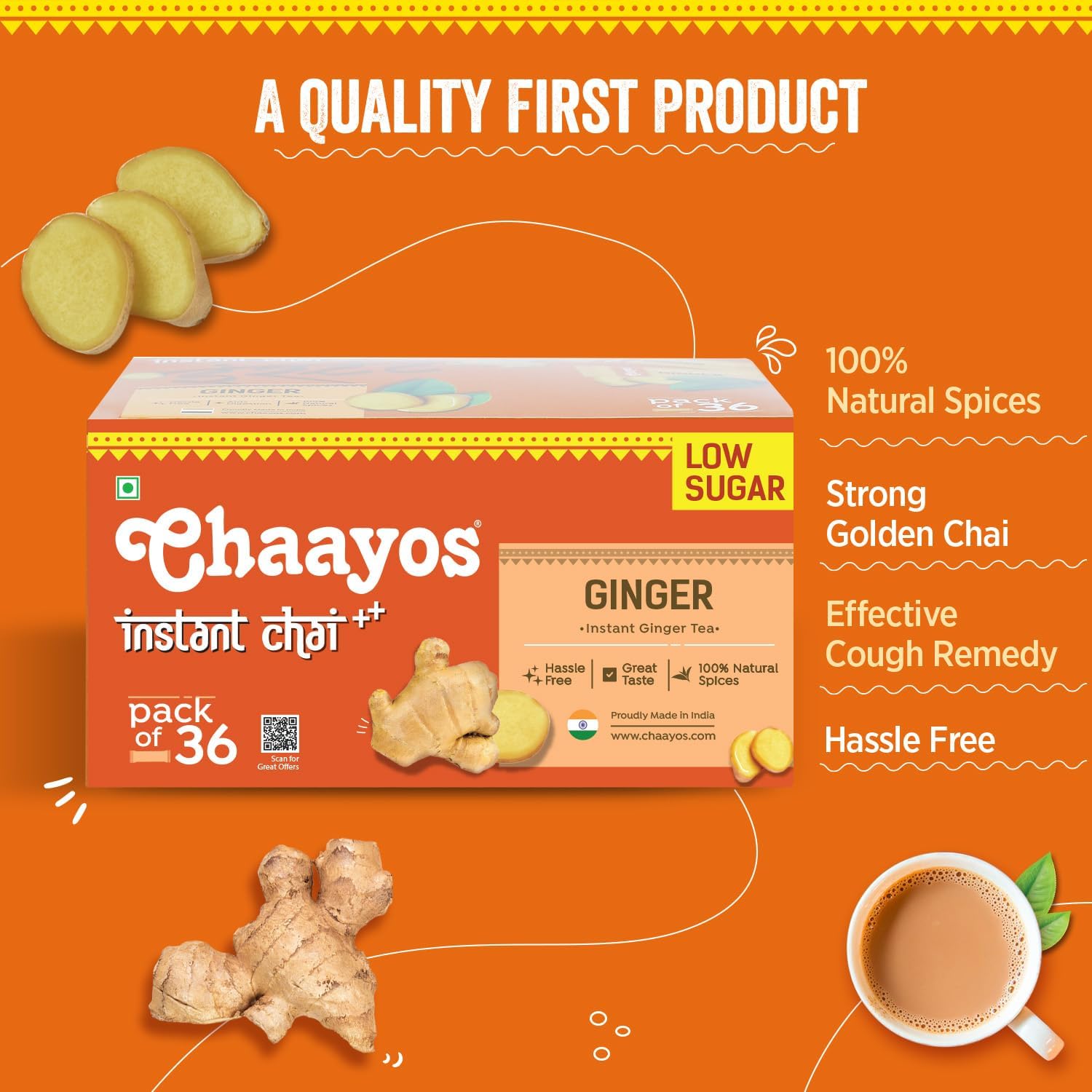 Chaayos Instant Premix Ginger Chai - 36 Sachets, 288gm, 10.1 Ounce | Instant Ginger Assam Tea - Low Sugar, Hassle Free | Strong Golden Chai