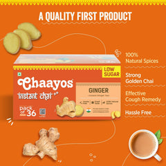Chaayos Instant Premix Ginger Chai - 36 Sachets, 288gm, 10.1 Ounce | Instant Ginger Assam Tea - Low Sugar, Hassle Free | Strong Golden Chai