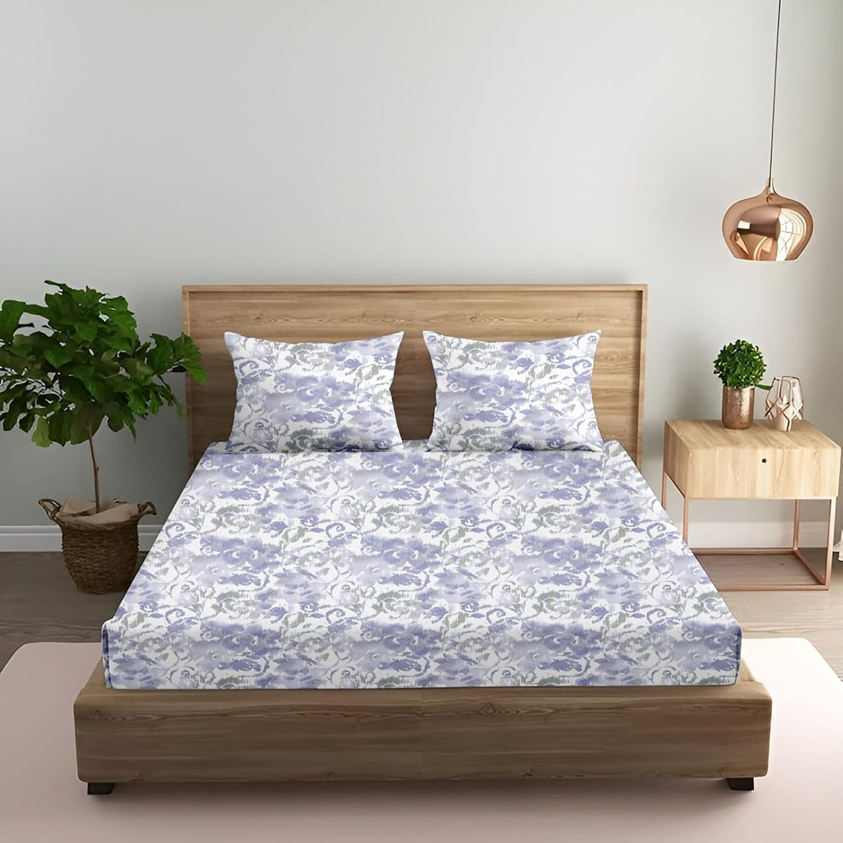 King Size Fitted Bedsheet With 2 Large Pillow Covers - 108 X 108 Inches, Purple & White | Soft, Breathable & Durable | Wrinkle Resistant