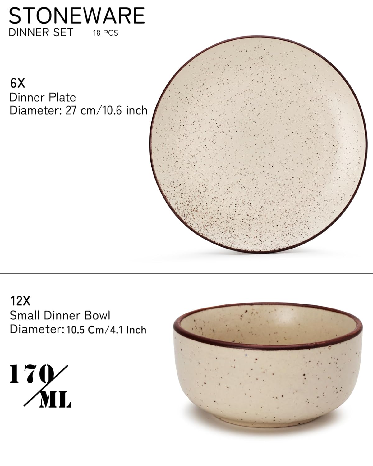 Handcrafted Ceramic Stoneware Dinner Set - Pack Of 18 Pcs, Beige Speckled | 6 Dinner Plates, 10.6 Inch Each + 12 Small Dinner Bowl, 170ml Each - Microwave & Dishwasher Safe | Crockery Set For Dining