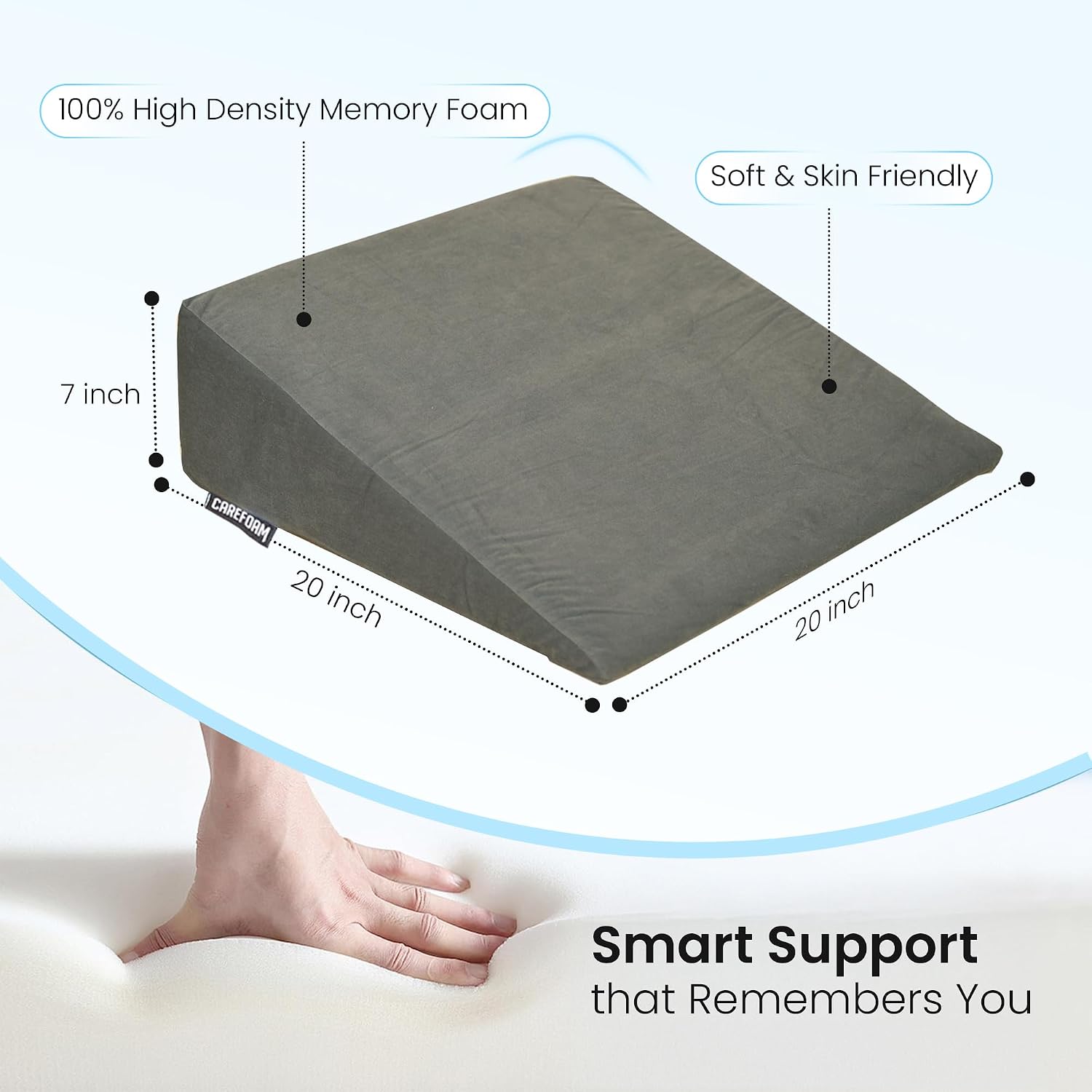 Wedge Pillow Memory Foam For Back Support, Grey, Wedge Medium Size - 20 X 20 X 7 Inch | Wedge Cushion Pillow, Acid Reflux, Snoring, Gerd, Leg Elevation, Pregnancy, Washable Cover