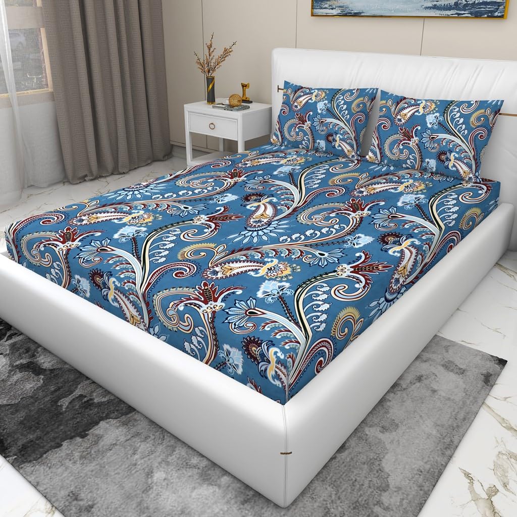 Presents Bedsheet For Double Bed With 2 Pillow Covers | Size - 90 X 100 Inches, Blue | Light Weight, Suitable For All Seasons & Easy To Wash