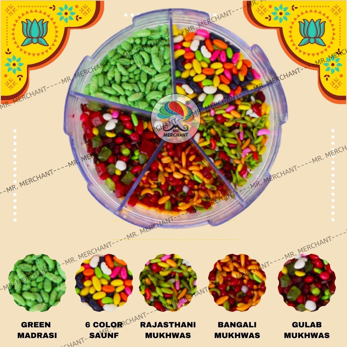 Mr. Merchant Mukhwas 5 In 1 (300gm *2) Green Madrasi, Rajasthani, Gulab, Bangali & Colorful Sauf