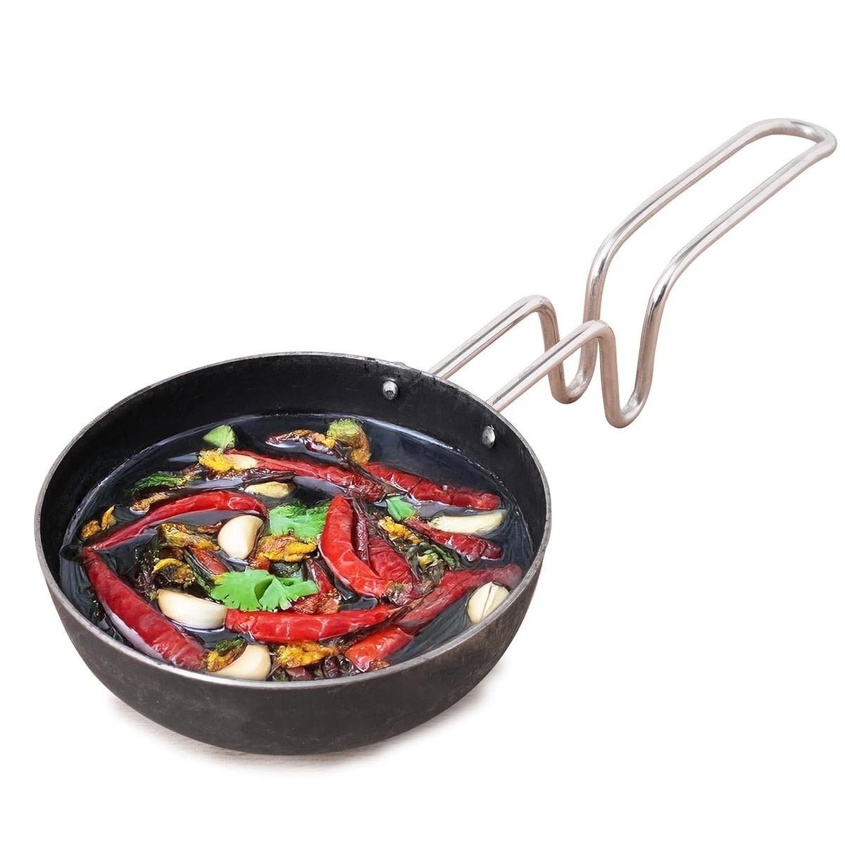 Pre-Seasoned Iron Tadka Pan With Steel Handle - Small 13.2 Cm, 5.2 Inch, 0.3 Kg | Gas Compatible - 100% Pure & Toxin-Free, No Chemical Coating