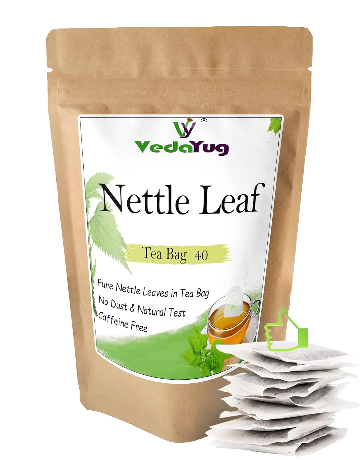 VedaYug Nettle Leaf Herbal Tea - 40 Tea Bags, 52gm, 1.8 Ounce | Treats Painful Muscles, Rich Aroma & Flavor - No Preservatives, No Additives, Caffeine Free