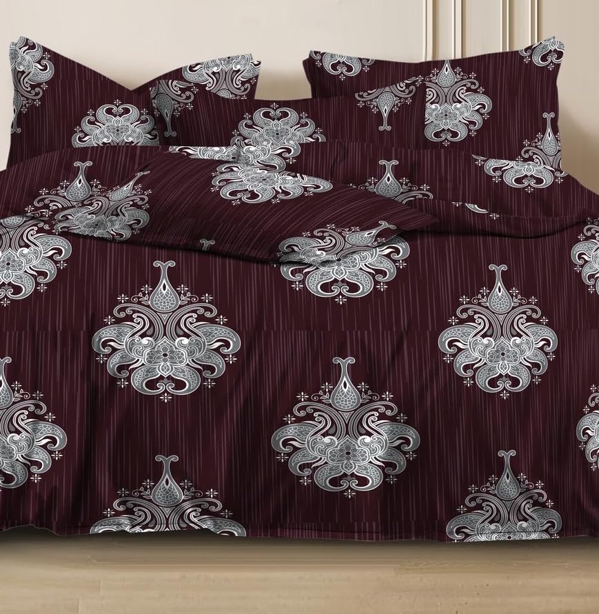 1 Flat Bedsheet For King Size With 2 Pillow Cover + Comforter - 90 X 100 Inch, Wine | Super Soft Glace Cotton - 4 Pcs Bedding Set | Perfect Gifts Set Wedding, Anniversary