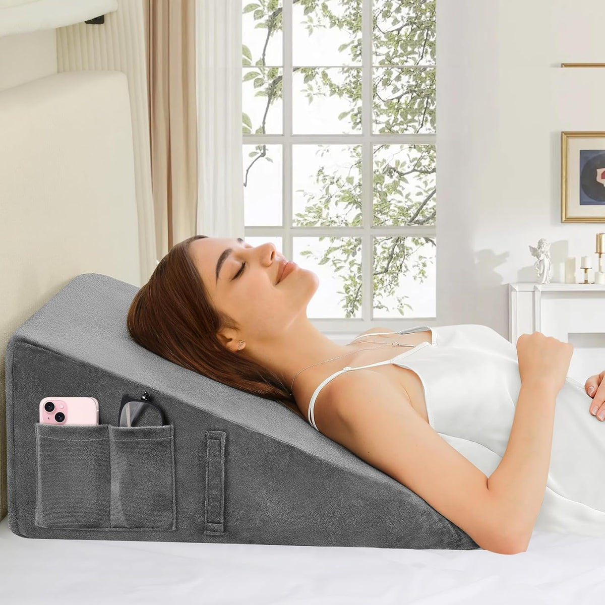 Wedge Pillow High Density For Back Support, Wedge Cushion, Acid Reflux, Grey | Wedge Pillow For Back Support, Leg Elevation, Pregnancy | Lightweight, Anti-Slip, Breathable, Resting Pillow