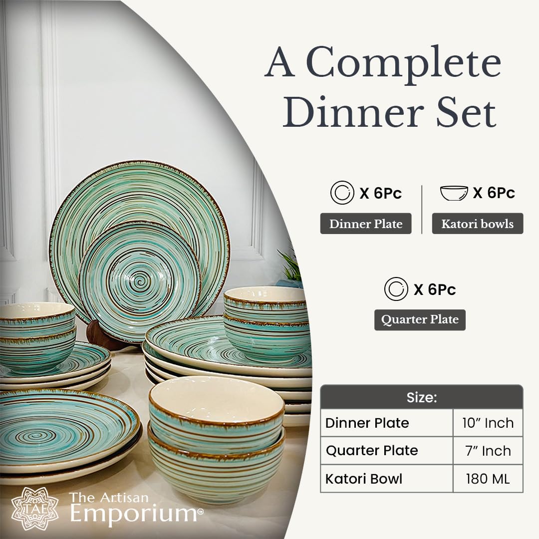 Iris Turquoise Handcrafted Ceramic Dinner Set - 18 Pieces | 6 Dinner Plates + 6 Katori Bowls, 180ml Each+ 6 Quarter Plates Dinnerware Set | Serving For 6, Microwave Safe & Dishwasher Safe