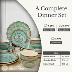 Iris Turquoise Handcrafted Ceramic Dinner Set - 18 Pieces | 6 Dinner Plates + 6 Katori Bowls, 180ml Each+ 6 Quarter Plates Dinnerware Set | Serving For 6, Microwave Safe & Dishwasher Safe