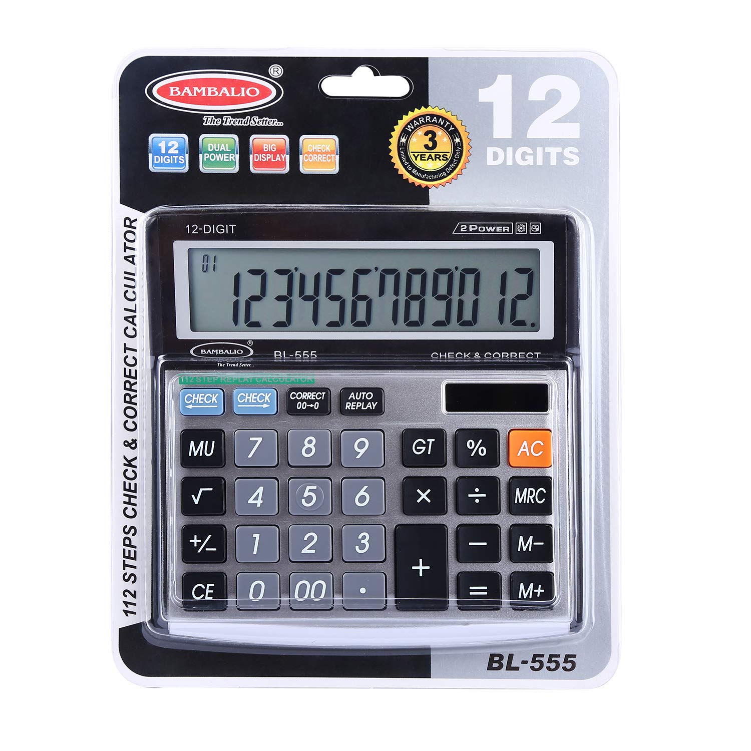 Bambalio Bl-555 Electronic Calculator With 12 Digits-large LC Display & Metallic Panel 3 Years Warranty & Solar Panel & 3 Years Battery Life