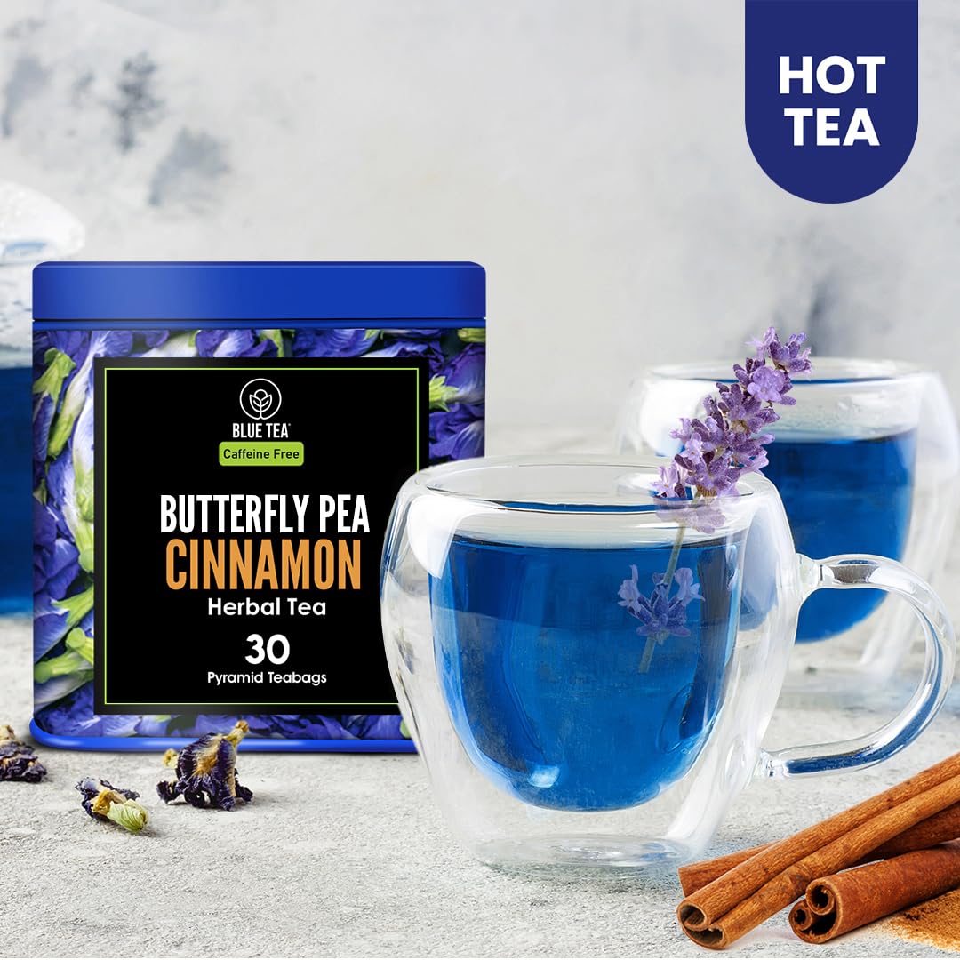 Blue Tea Butterfly Pea Flower Cinnamon Herbal Tea - 30 Pyramid Tea Bags | Supports Overall Health & Well Being - Caffeine Free, Non-GMO, Antioxidant-Rich