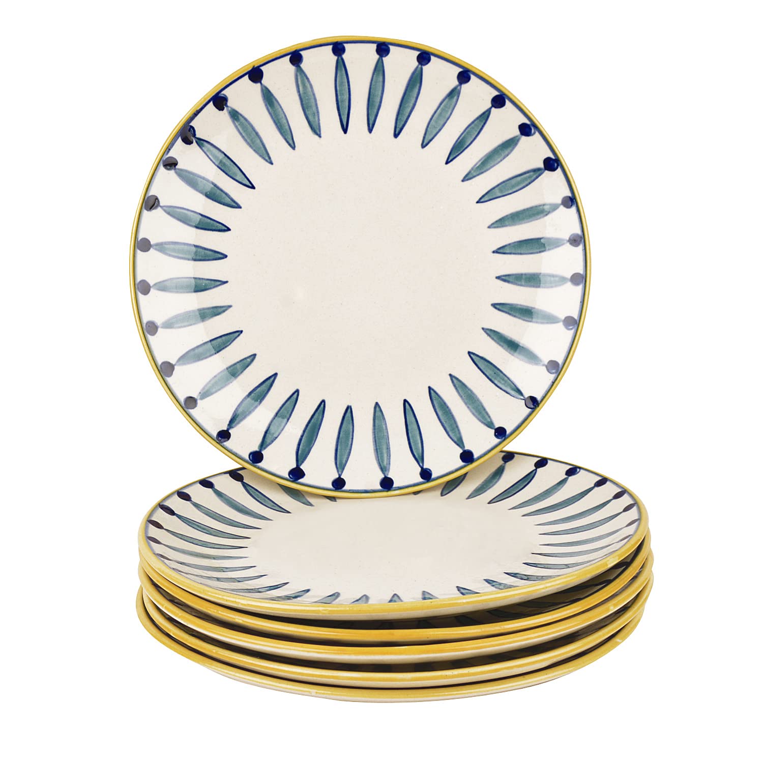 Hand Painted Ceramic Dinner Serving Plates Set Of 6 - White & Blue, 10 Inches | Full Plates - Ceramic Platter - Kyoto Collection