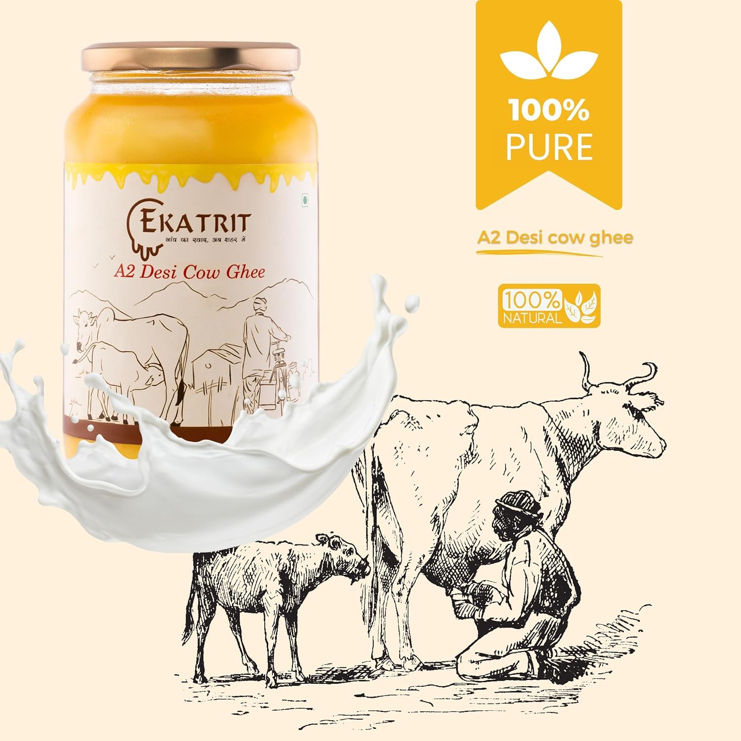 Organic Natural A2 Desi Cow Ghee By Ekatrit | Natural & Healthy Fragrance Belona Cow Ghee Perfect For Use Puja | 2 Litre (1 Litre * 2) 67.6 Ounce | Jar Pack