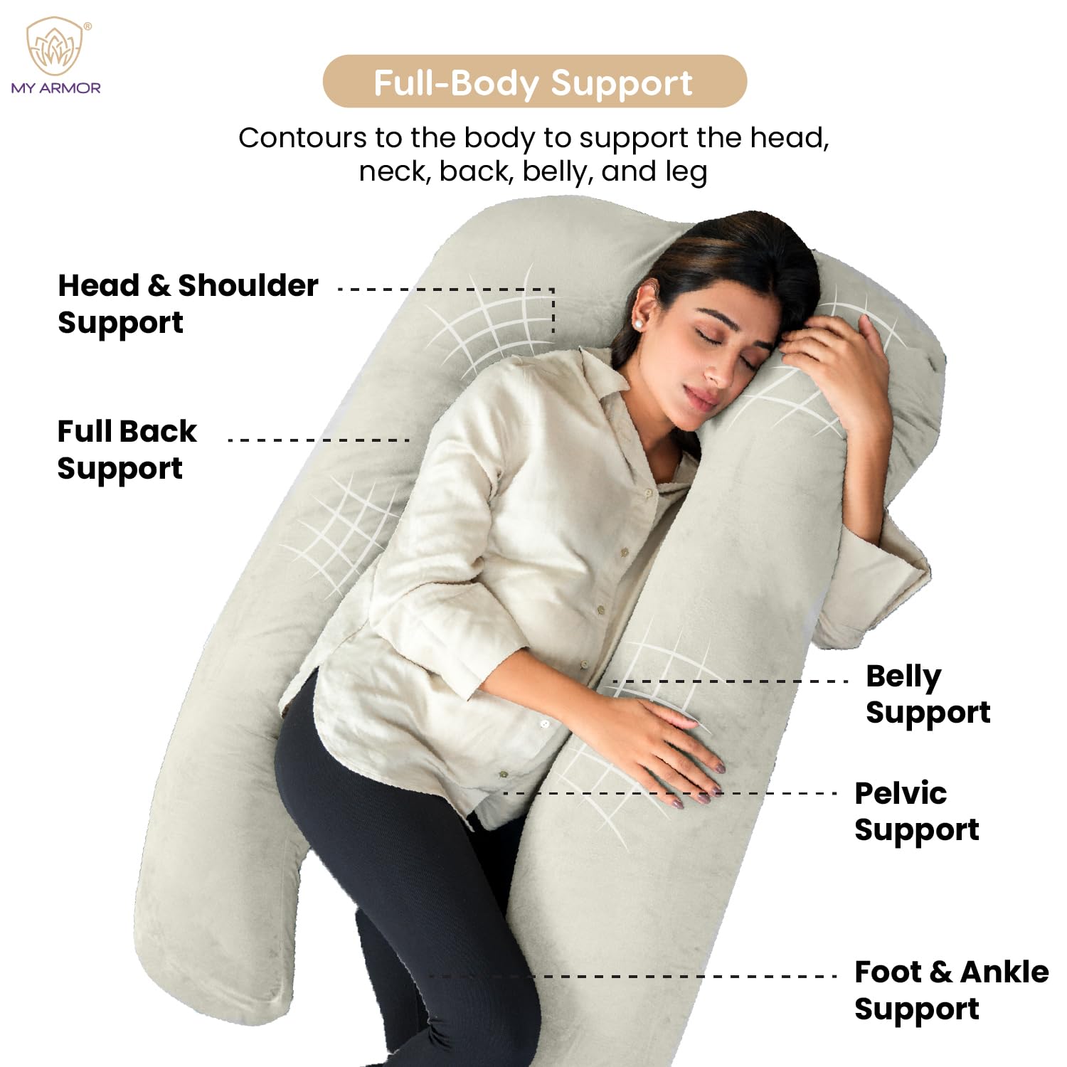 Full Body U Shape Pregnancy Pillow For Women, Maternity Pillow, Cream Color | Pillow Gift For Pregnancy Sleeping, Premium Velvet Cover With Zip | Adjustable & Washable, Relieves Pain