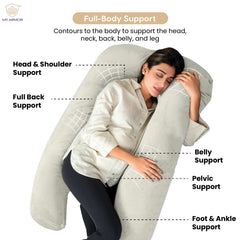 Full Body U Shape Pregnancy Pillow For Women, Maternity Pillow, Cream Color | Pillow Gift For Pregnancy Sleeping, Premium Velvet Cover With Zip | Adjustable & Washable, Relieves Pain