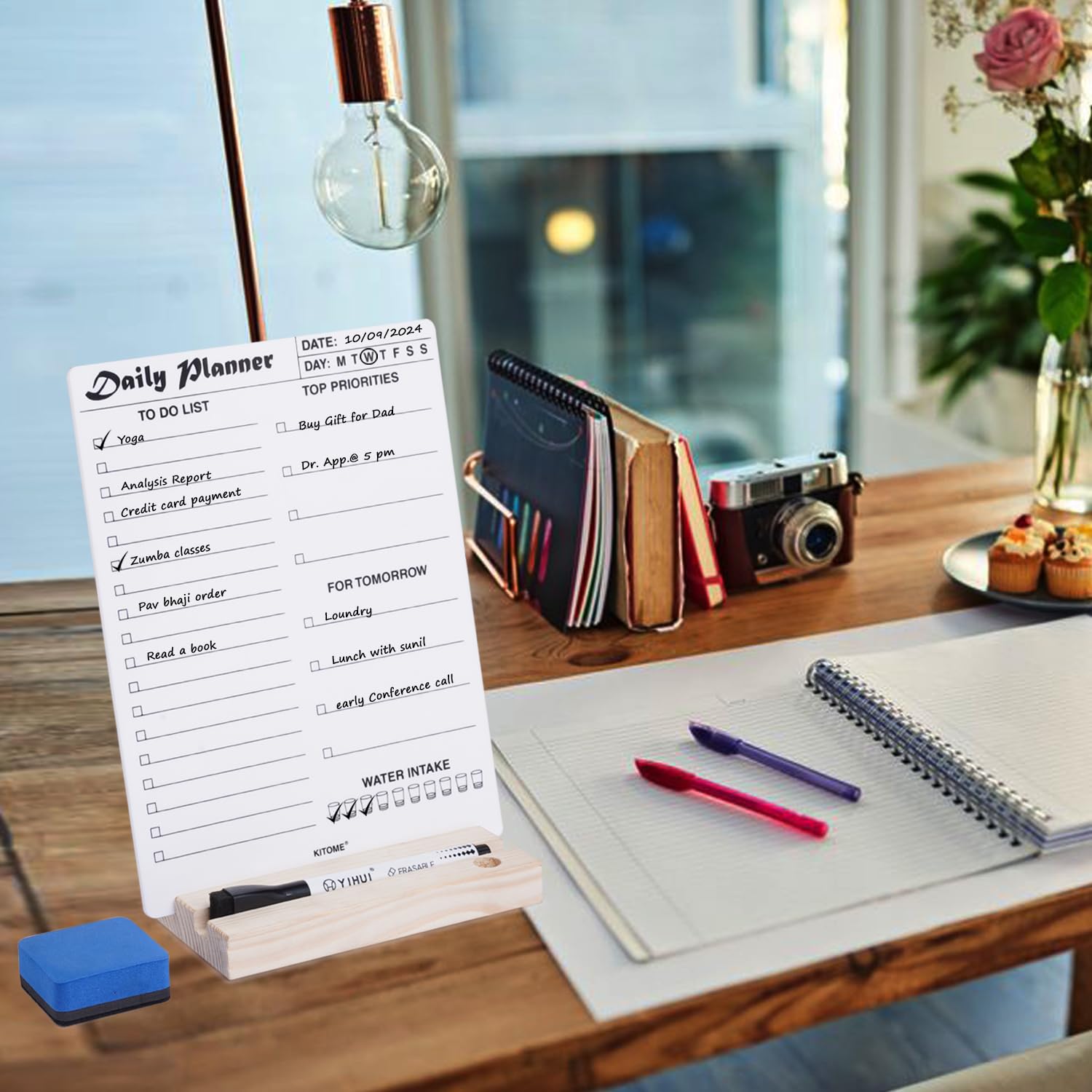 To Do List Planner, Acrylic Daily Planner Dry Erase Board, With Wooden Base, 1 Marker & Duster