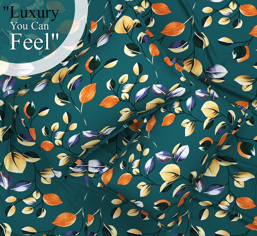 Cotton Elastic Fitted Bedsheets With 2 Pillow Covers Double Bed All Around Elastic Sheet Leaf Print | 72 X 78 +10 Inches, Dark Green-Breathable & Skin-Friendly Bedsheet