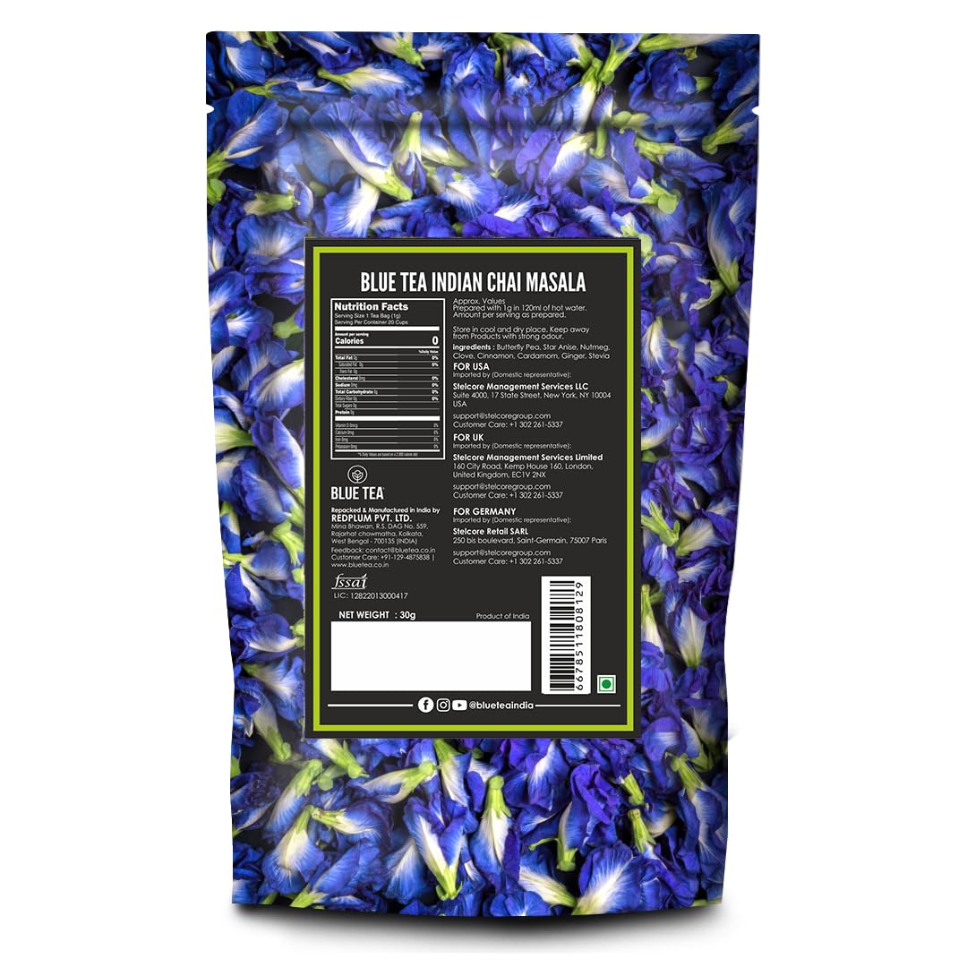 Blue Tea Indian Chai Masala Herbal Tea - 30 Pyramid Tea Bags | Sun Dried Flower Antioxidant Tea - Caffeine Free, Detox Tea | No Added Colors, Aparajita - Shankhpushpi, Zipper Pack