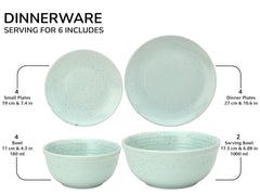 Handcrafted Ceramic Stoneware Dinner Set Of 14 Pieces With Serving Bowl Set - Mint Green | 4 Dinner Plates + 4 Small Plates + 4 Dinner Bowl, 180ml Each+ 2 Serving Bowl, 1000ml Each - Microwave Safe