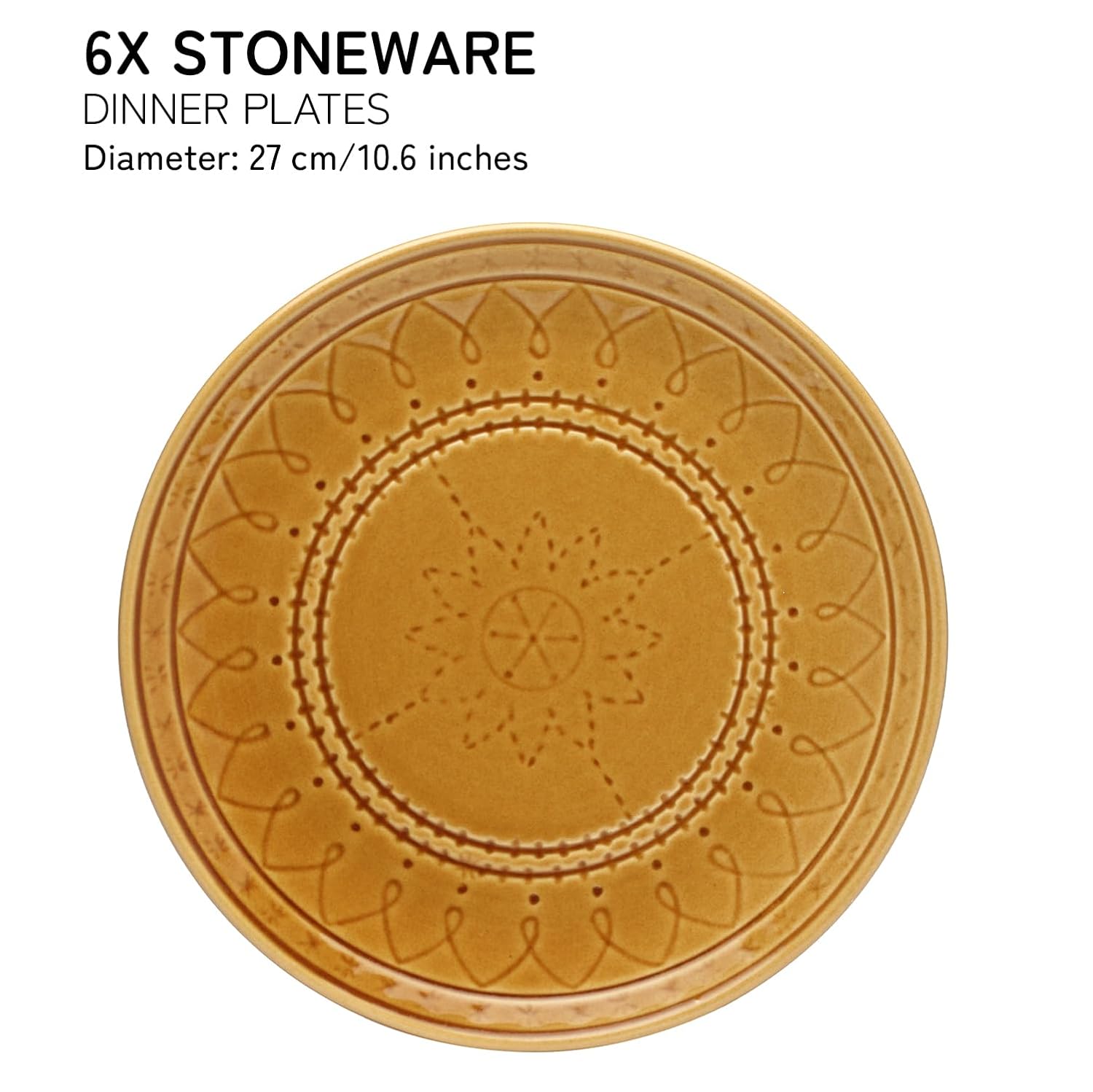 Ceramic Hand Glazed Large Embossed Dinner Plates Set Of 6 - 10.6 Inch, Golden Brown | Handcrafted Stoneware - Microwave Safe & Dishwasher Safe