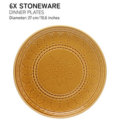 Ceramic Hand Glazed Large Embossed Dinner Plates Set Of 6 - 10.6 Inch, Golden Brown | Handcrafted Stoneware - Microwave Safe & Dishwasher Safe