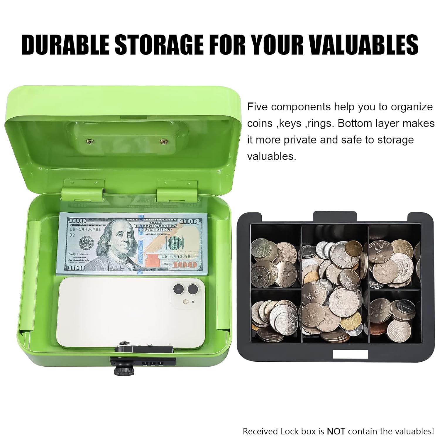 Medium Metal Cash Box With Combination Lock Safe & Money Tray For Security 7.87"X 6.30"X 3.54" Colour - Limegreen